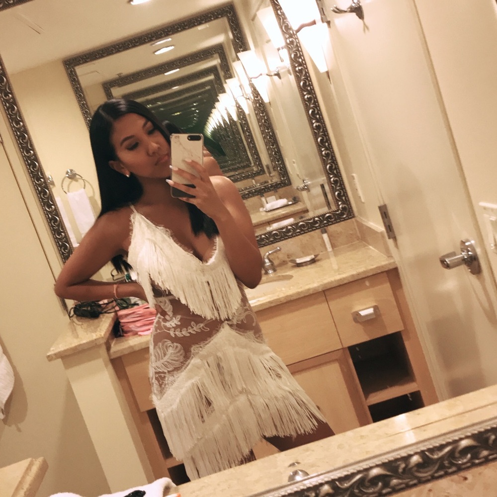 White fringe and lace dress
